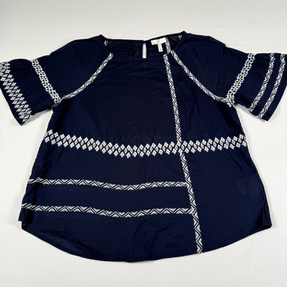 Joie Embroidered Cotton Blouse Small Navy Blue Ruffle Sleeve Boho Top